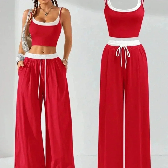 Red and White Casual Women's Sport Knit Tank Tops & Sweatpants - Picture 1 of 10